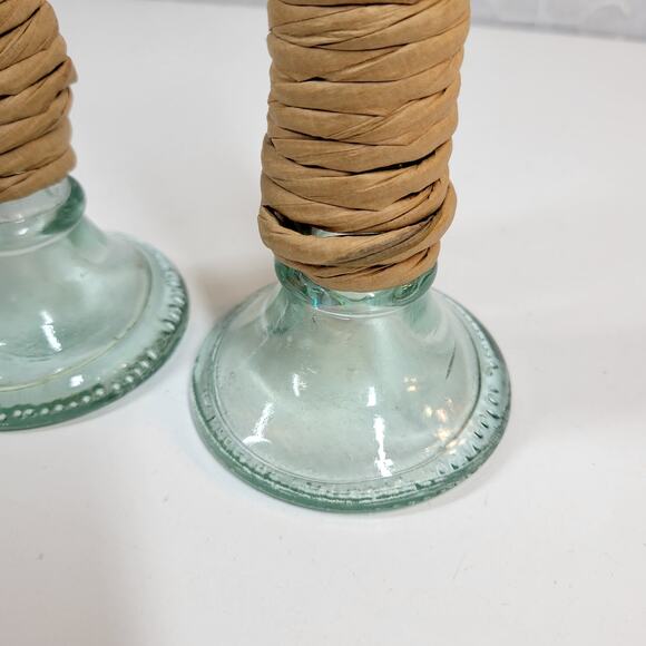 Vintage Glass Wrapped Twine Candlestick Holders Rustic Primitive Home Decor - Picture 4 of 12